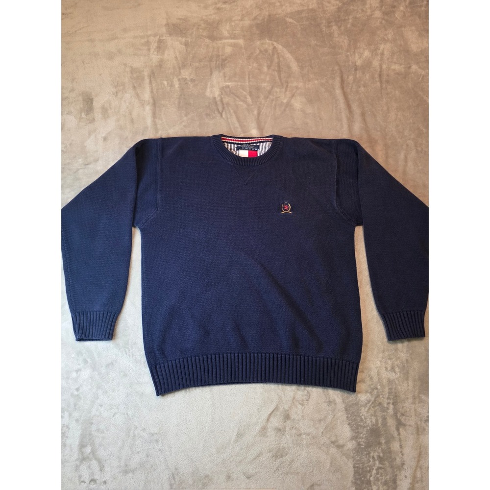 Vintage Tommy Hilfiger Crewneck Sweater Mens XL Navy Blue Cotton Crest Logo